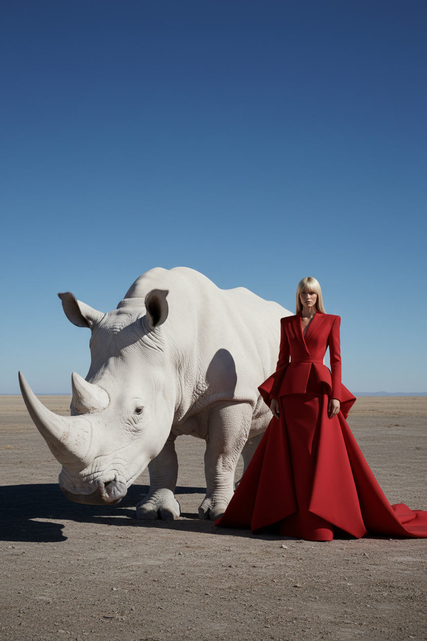 Wild Elegance - crimson couture staged beside a white rhino in open desert