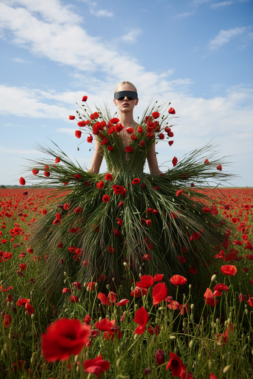 Dressed by the Wind - grass and poppy couture in open field