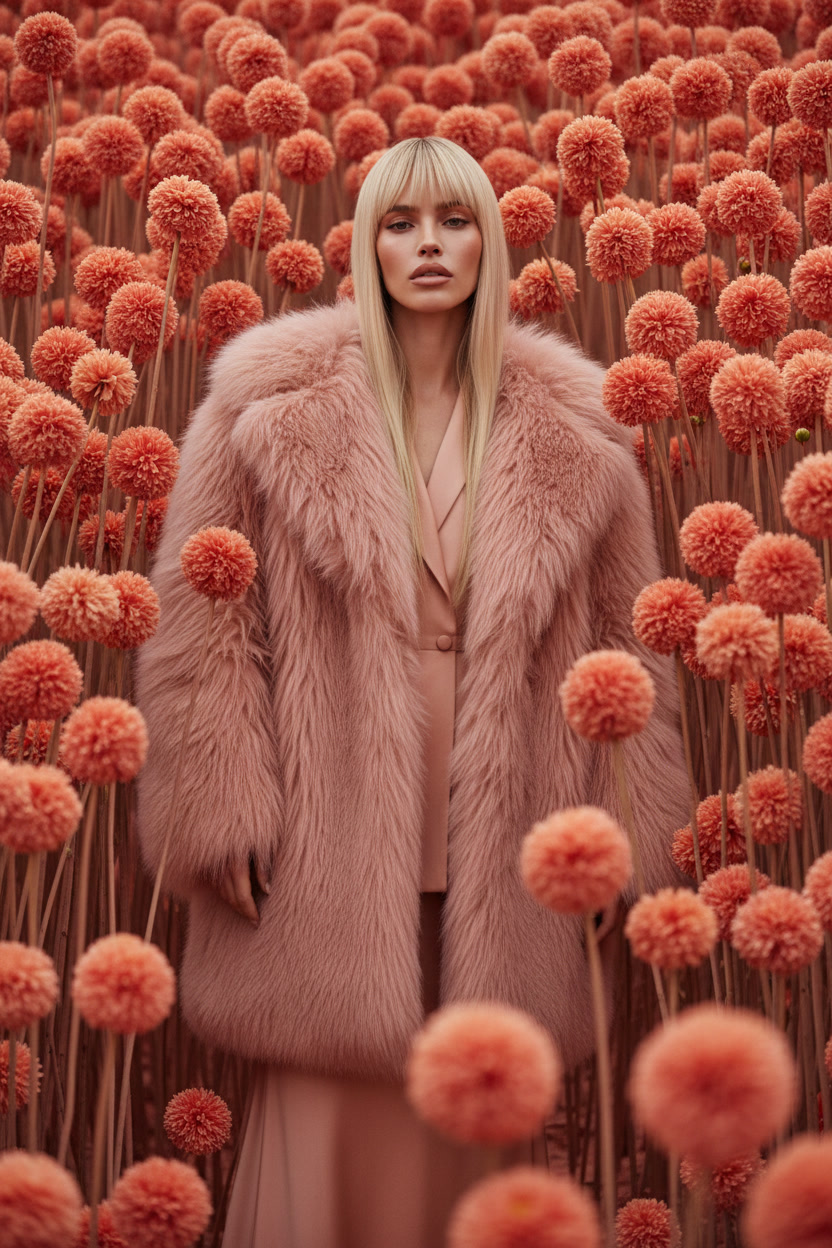 The Coral Room - blush faux fur framed by immersive floral spheres