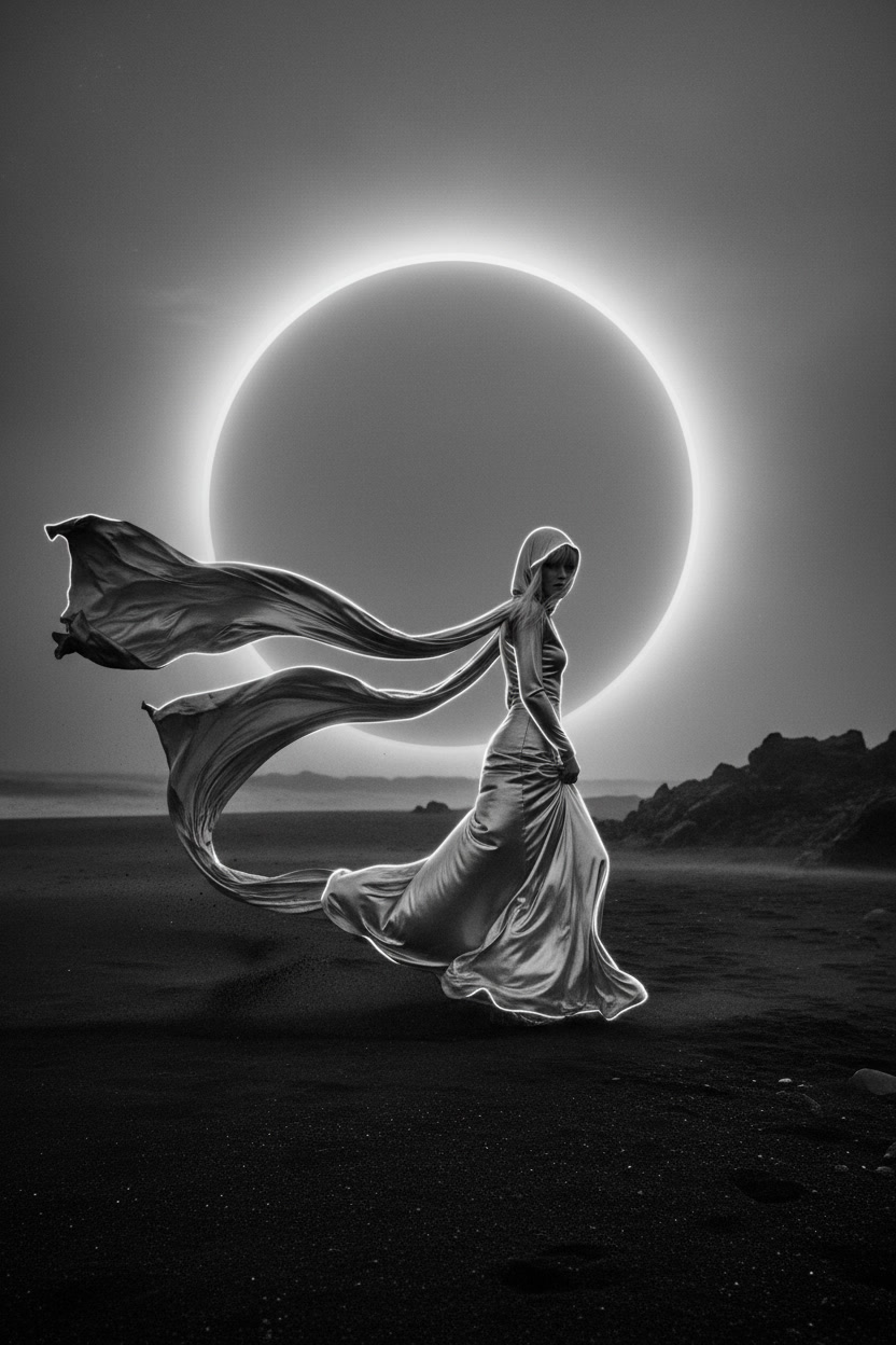 Black Sand Eclipse - silver silk flowing under solar halo
