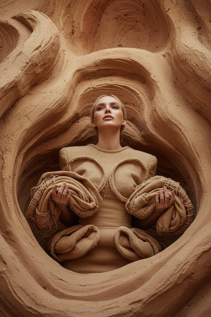 Rooted Grace - sculptural earth-toned fashion carved into raw organic forms