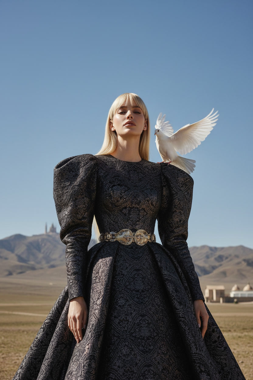Sky Ritual - architectural black gown, dove shoulder, desert horizon