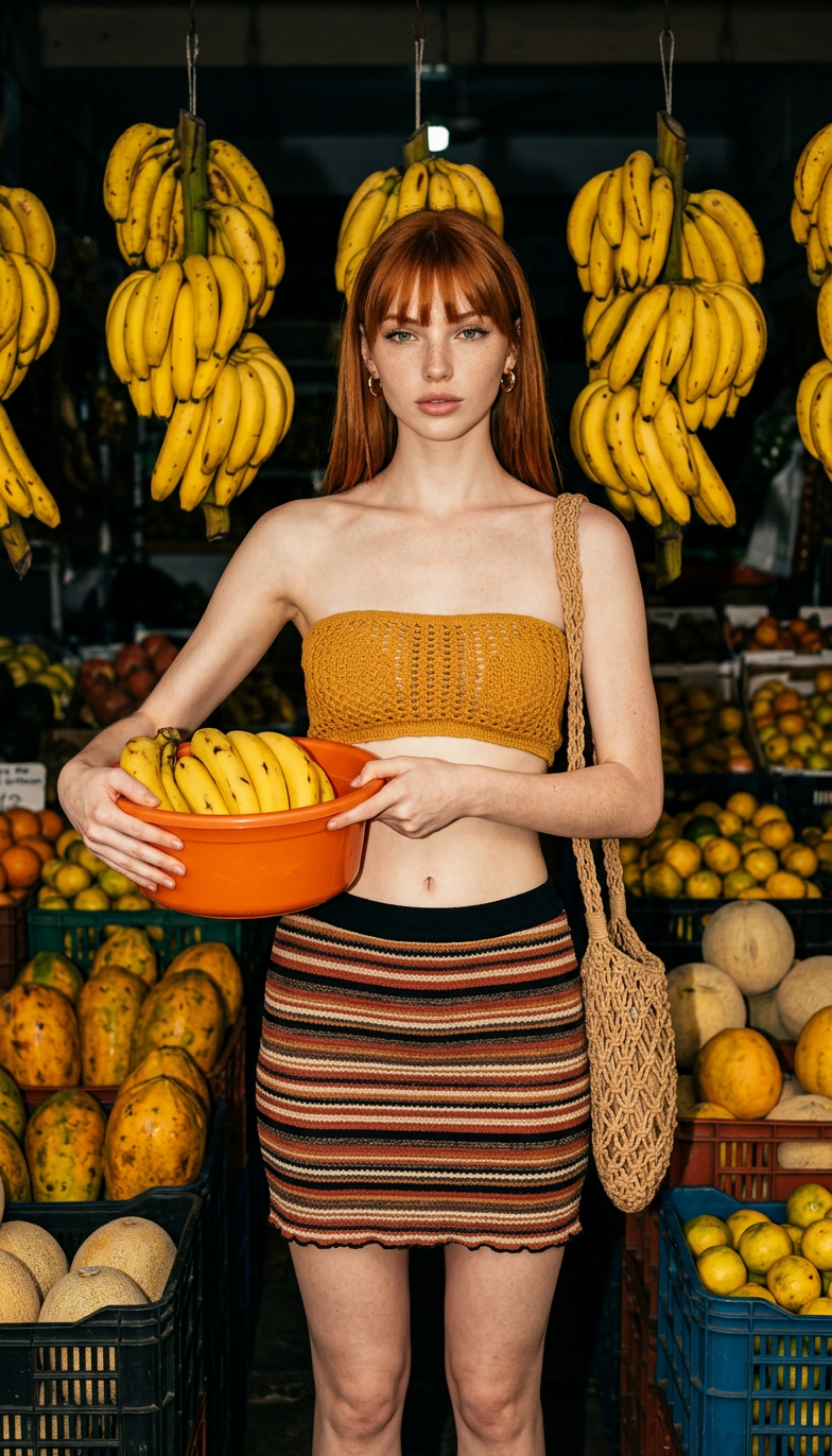 Fruit Market - crochet set, sunlit bananas, candid editorial